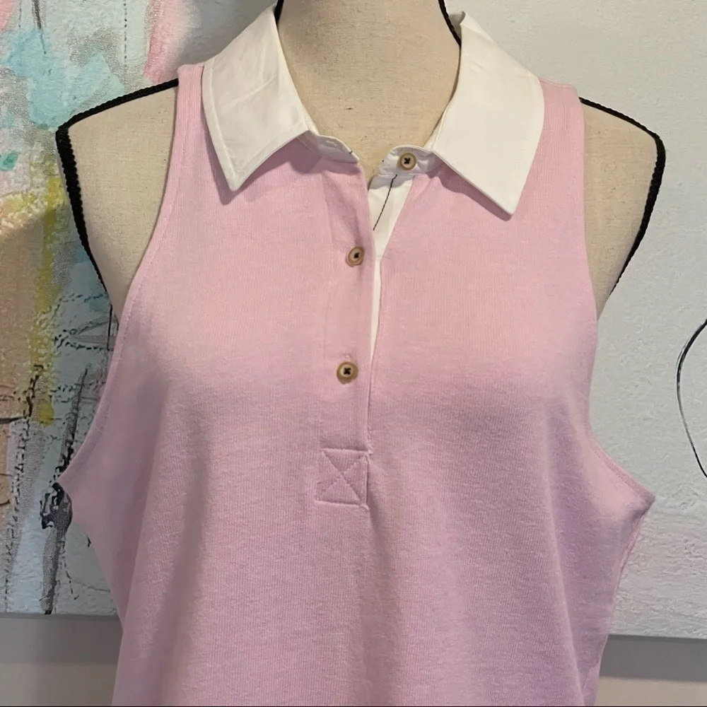 Maeve Anthropologie Rigby Polo Tank Pink White Sleeveless Cotton Sz Large NWT